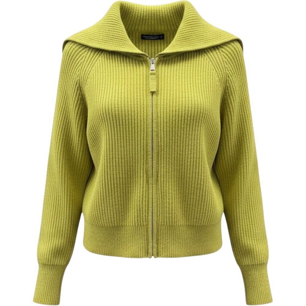 Emerson Lang Womens Chartreuse Green Ribbed Zip Front Sailor Collar Sweater L